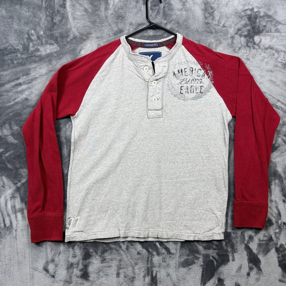 American Eagle Henley Shirt Mens L Gray Red Raglan Long Sleeve Vintage Fit Logo